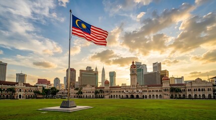 Malaysian flag at Merdeka Square Sultan Abdul Samad Building and Kuala Lumpur skyline under warm sunset sky