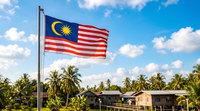 Malaysian national flag waving over a traditional rural village with palm trees under blue sky