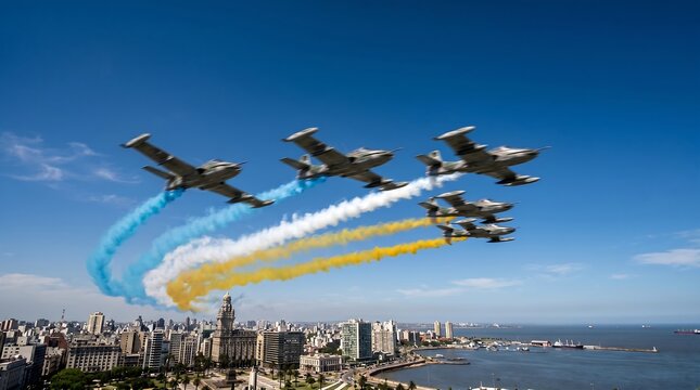 Military jet formation performing aerial maneuvers with colorful smoke trails over coastal city and harbor