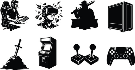 Video gaming and esports vector icons set including gamer pro virtual reality headset arcade and controller © Saminur