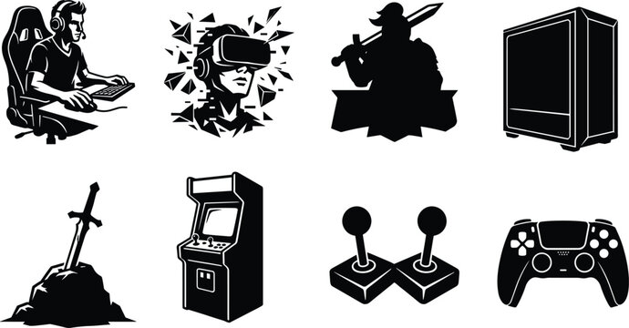 Video gaming and esports vector icons set including gamer pro virtual reality headset arcade and controller