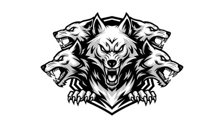 Fototapeta premium Three aggressive wolf heads on a crest shield background.