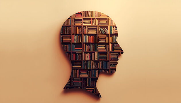 Bookshelf Human Profile Symbolizing Learning and Intelligence and knowledge concept/ Mental Growth and Academic Knowledge Conceptual Illustration with copy space