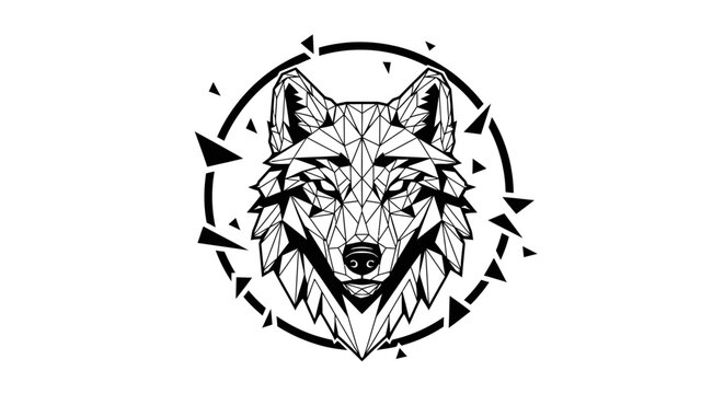 Symmetrical geometric wolf head within a circular frame.