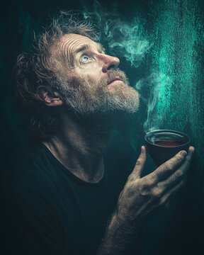 Man Holding Tea Gazing Out the Window into a Mystical Green Forest Scene