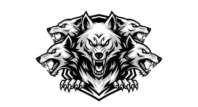 Three aggressive wolf heads on a crest shield background.