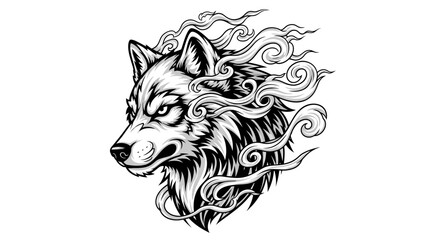Fototapeta premium Wolf head illustration with smoke and fire trail effects.