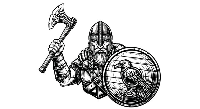 Viking warrior holding battle axe and round shield.