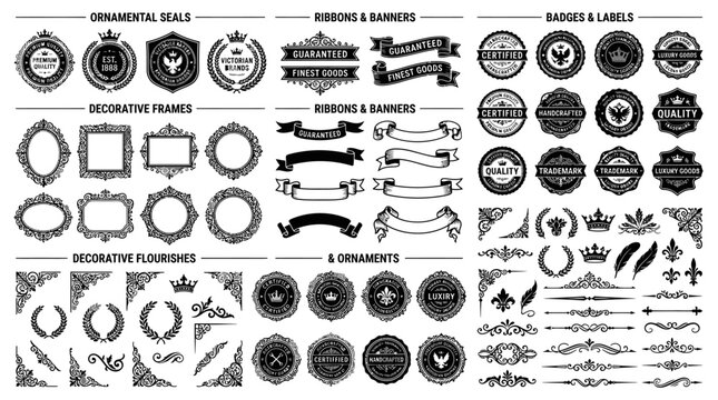 Collection of various decorative emblems.