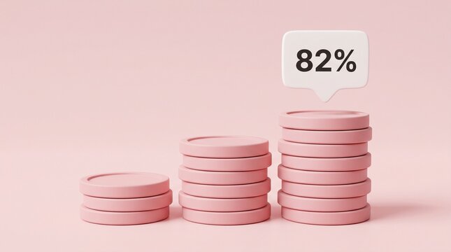 Pink Coins Growth Chart with 82 Percent Speech Bubble - Financial Success Concept