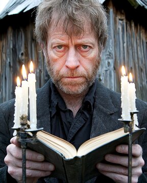Man Reading Book by Candlelight in Rustic Setting with Intense Expression