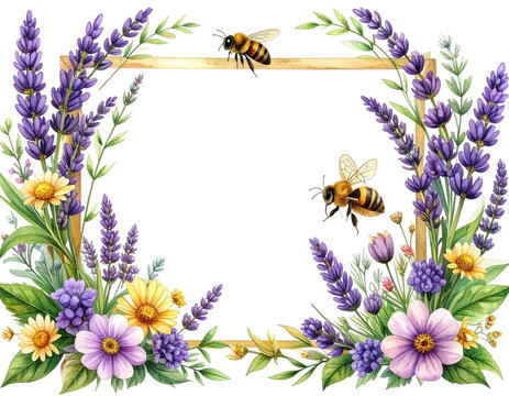 Watercolor Honeybee Frame with Lavender and Wildflower Garden Elements