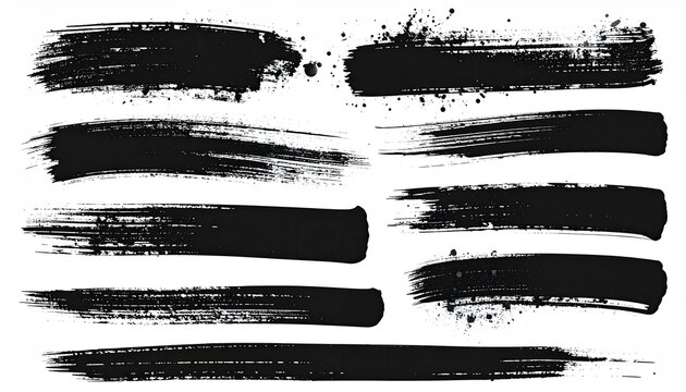 Variety of black brush strokes and splatters of various sizes arranged on white backdrop