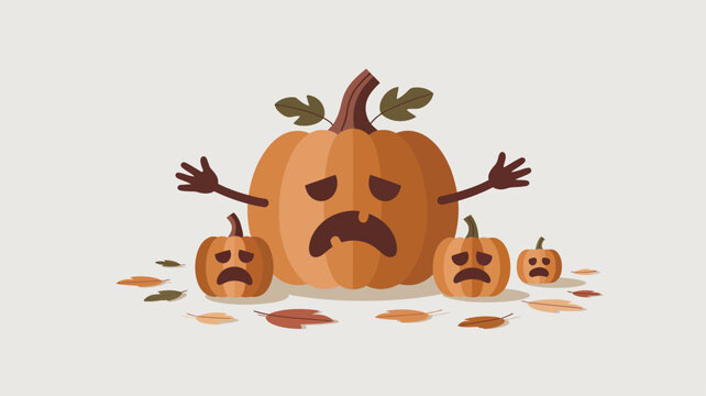 Frightened large pumpkin with arms raised in panic, smaller fearful gourds and scattered fall leaves