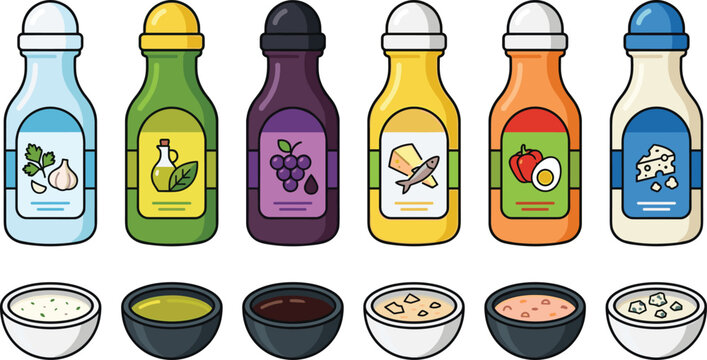 Salad dressing and sauce bottles vector cartoon icon collection set featuring olive oil balsamic vinegar caesar ranch and thousand island dressings with matching dipping bowls isolated on