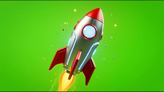 Toy rocket ship flying upwards on green screen