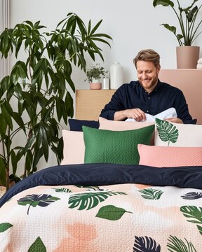 Man Folding Laundry in Serene Atmosphere with Plants and Cozy Bedding