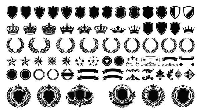 Various royal crests and heraldic symbols.