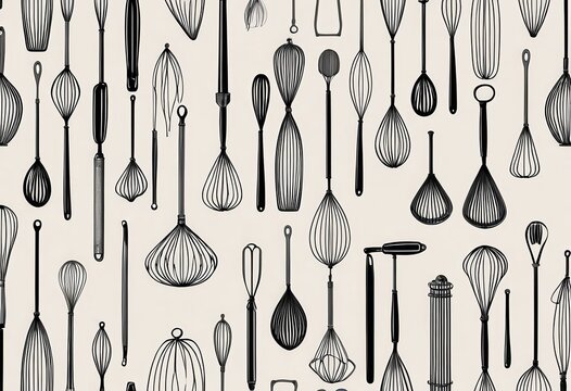 Monochrome seamless background pattern of various shapes of whisks