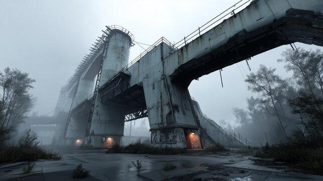 A foggy and desolate ruin site where industrial structures or viaducts have collapsed due to war or disaster.