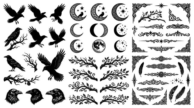 Black silhouettes of birds and moons.