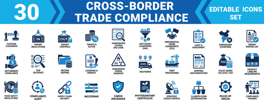 Cross border trade compliance 30 minimal vector icons ui ux solid icon set editable illustrations