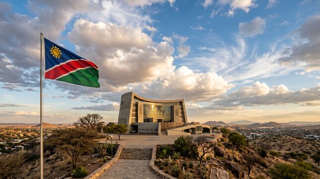 Wide shot of Independence Memorial Museum in Windhoek Namibia with waving national flag at sunset