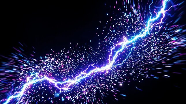 Intense electric discharge crackling with vivid neon blue and purple energy particles scattered across a dark void creating a dynamic high speed motion blur effect background