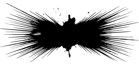 An abstract black ink splatter bursts with dynamic energy, creating a striking visual effect with its radiating lines and scattered droplets. © GREENPIXEL Art