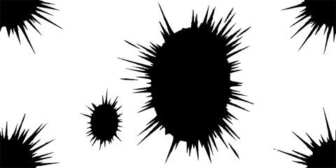 A dynamic explosion of black ink splatters across a white canvas, creating a chaotic yet artistic pattern of sharp, spiky forms in a striking abstract design. © GREENPIXEL Art