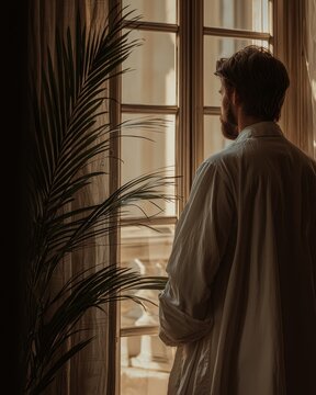 Man Tending to Indoor Plants in a Slow and Relaxed Morning Atmosphere