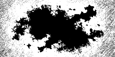 Obraz premium Black ink blot on textured white background with scratch marks.