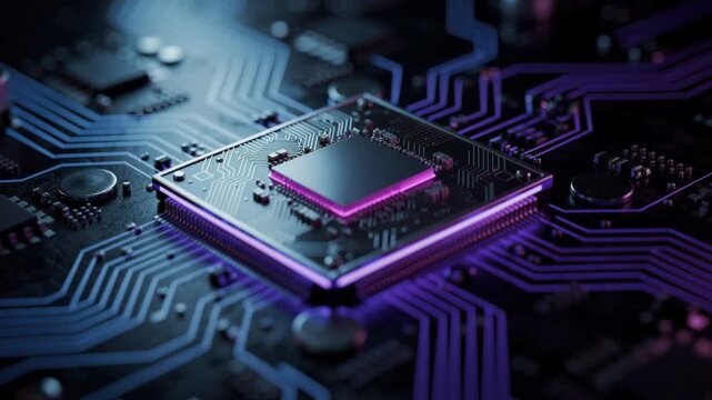 Close up of a glowing microchip on a futuristic computer circuit board with purple and blue lighting