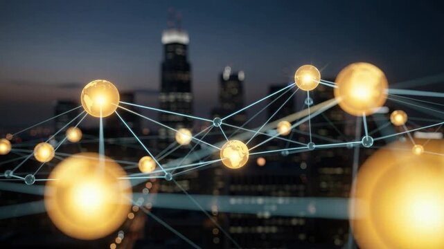 Global digital network connections with glowing nodes over cityscape background at night