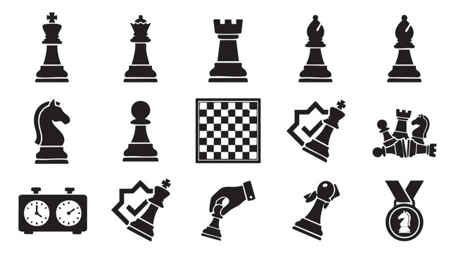 Chess icons, strategy symbols, pawn pieces, checkmate graphics, black vector set
