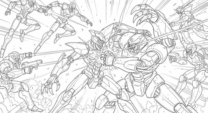 Sci-fi action scene with armored heroes fighting line art.