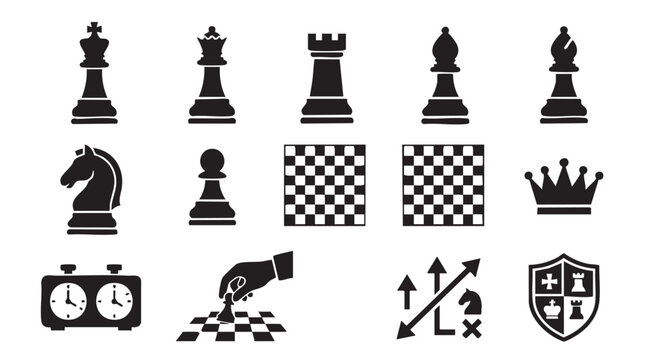 Chess pieces, icons, and symbols, black vector set, strategy game elements, checkmate illustrations