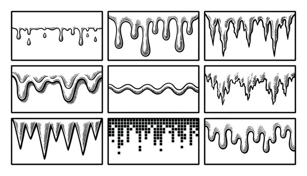 A collection of nine black and white hand-drawn featuring various dripping liquid and icicle border