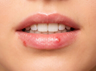 Naklejka premium Close up of woman's lips with cold sores and white teeth mouth pink