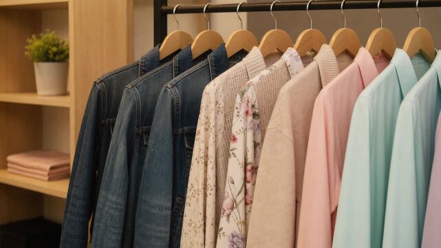 Colorful casual clothing hanging on wooden hangers in modern wardrobe interior