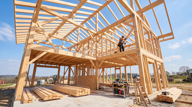 Wooden frame house under construction on a sunny day. A male builder works on the timber trusses of a residential building structure with lumber beams and tools on the ground.