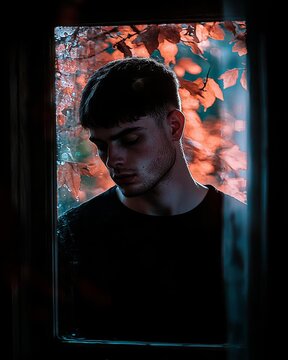 Thoughtful Young Man Pondering Next to a Window Surrounded by Autumn Leaves