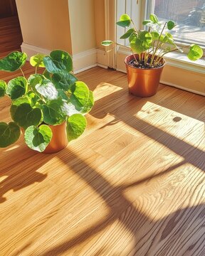 Serene Morning Yoga Space with Potted Plants on Wooden Floor and Soft Natural Light