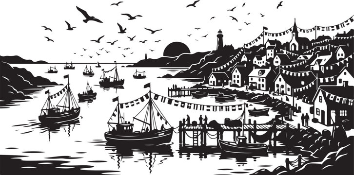 Black and white, vintage harbor scene, coastal town, nautical illustration, vector graphic