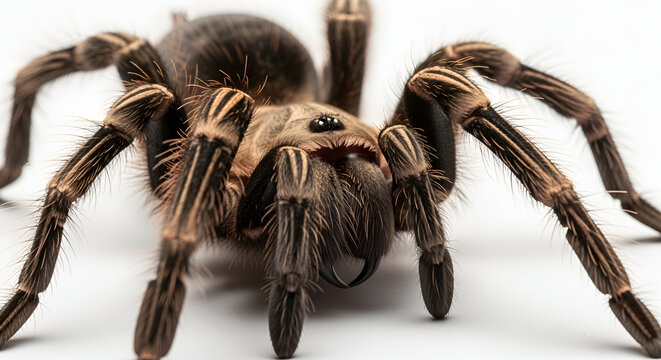 High-detail macro photo of a hairy tarantula spider, showcasing realistic textures of its legs and body. Ideal for wildlife, nature, insect, and educational themes.
