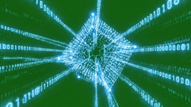 Digital data cube abstract background: binary code streams and cybernetic network connectivity