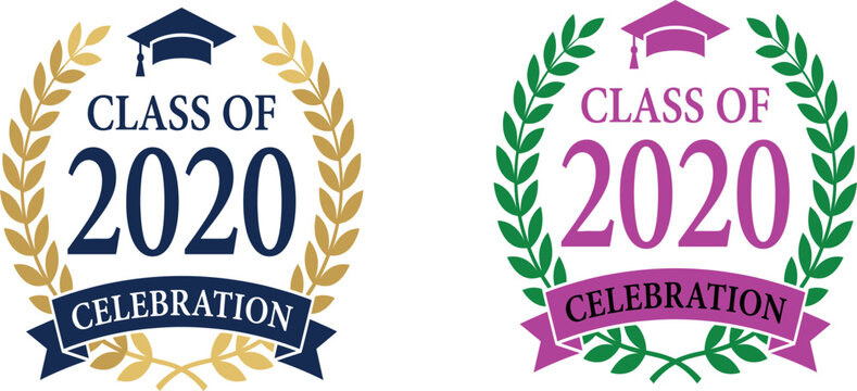Class of 2020 Graduation Vector Emblem Set with Mortarboard Cap Laurel Wreath and Celebration Banner Badge Icons