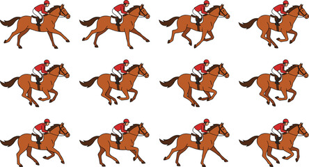 Horse racing sprite sheet animation sequence vector collection set featuring side view cartoon icons of jockey riding a galloping thoroughbred isolated on white background © Kuddus