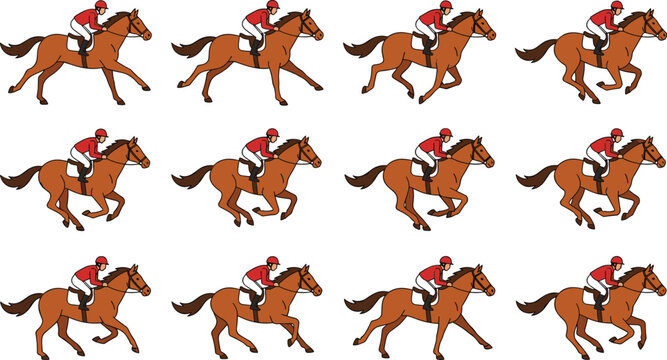 Horse racing sprite sheet animation sequence vector collection set featuring side view cartoon icons of jockey riding a galloping thoroughbred isolated on white background
