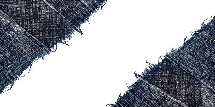 Torn denim fabric diagonally frames a central white space, suggesting destruction or a creative opening.